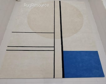 Alfombra abstracta moderna minimalista de 12 x 15 en color azul marfil, 100 % lana, hecha a mano, contemporánea, para sala de estar, dormitorio, comedor, 6 x 9, 8 x 10, 9 x 12.