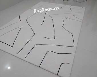 Minimalist Modern Abstract 8x10 ivory white area rug 100% wool handtufted contemporay rug for livingroom bedroom dining room 6x9 9x11 .