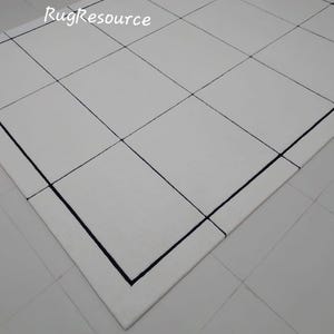 Pu&ograve; includere: Un tappeto bianco con un motivo a griglia, con linee nere che creano un design geometrico. Il tappeto ha un bordo e il testo "RugResource" &egrave; visibile nell'angolo in alto a sinistra.