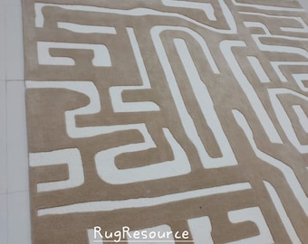 Alfombra de lana beige de 8x10, moderna y abstracta, hecha a mano, con mechones, 100 % lana natural, para sala de estar y dormitorio, tamaño personalizado disponible: 9x12, 10x12