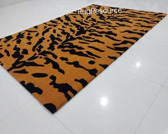Alfombra de lana hecha a mano: alfombra con estampado de tigre, alfombra de color amarillo mostaza, alfombra con estampado animal para sala de estar, dormitorio, pasillo, tamaño personalizado disponible de 8 x 10 y 9 x 12.