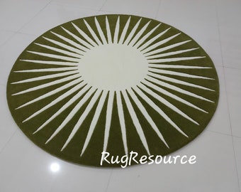Green and white 9x9 round area rug Aesthetic Modern abstract contemporary circle handtufted designer rug for living room New home gift hall.