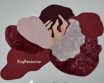 Alfombra de lana roja oscura, moderna y abstracta de primera calidad, hecha a mano, con forma irregular, para sala de estar y dormitorio, hecha con lana y viscosa de Nueva Zelanda.