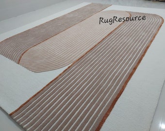 Modern abstract rug ivory beige rug high low pile rug handmade tufted rug wool viscose area rug for livingroom bedroom hall 6x9 8x10 9x12.