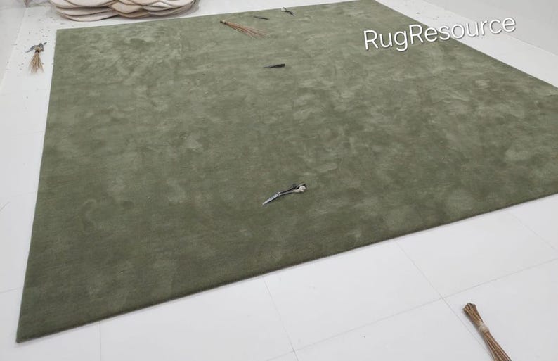 May include: A large, olive green rug with a soft, textured surface. The rug is rectangular and covers most of the floor. Several small decorative items are scattered on the rug. The words "RugResource" are visible in the top right corner.