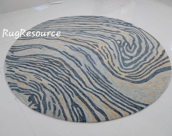 Alfombra de lana azul circular, alfombra azul de primera calidad, alfombra moderna redonda hecha a mano para sala de estar, dormitorio, tamaño personalizado disponible de 9 x 9 a 10 x 10.