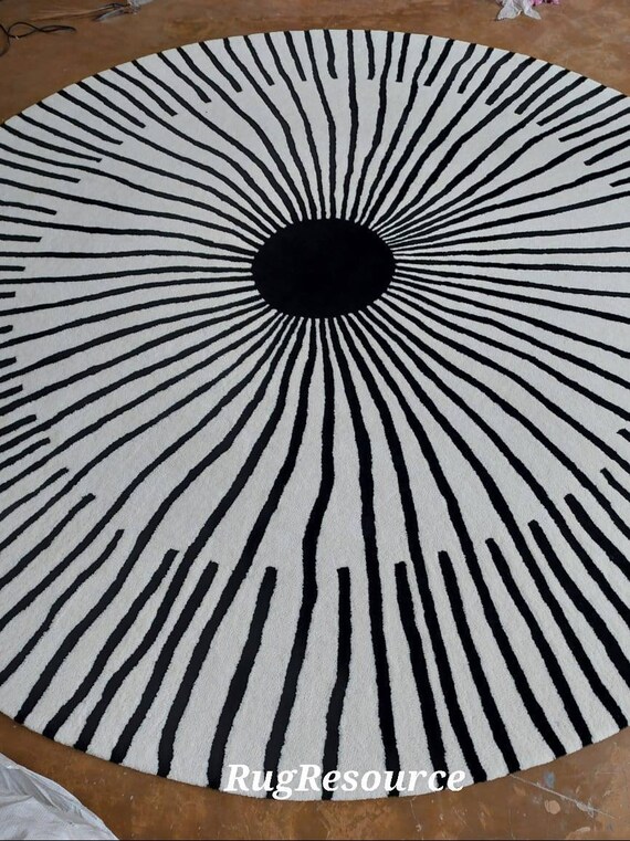黒と白の 9x9 円形エリア ラグ。美しくモダンな抽象的、現代的な円形