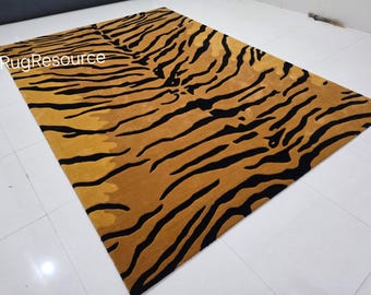 Alfombra de lana hecha a mano: alfombra con estampado de tigre, alfombra abstracta moderna, alfombra con estampado animal para sala de estar, dormitorio, pasillo, tamaño personalizado disponible de 8 x 10 y 9 x 12.
