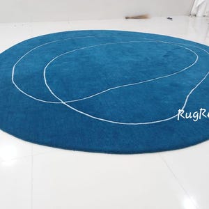 Teal blue rug modern abstract rug 9x9 woollen round shape rug blue rug handmade tufted rug circle area rug for livingroom bedroom 8x8 10x10.