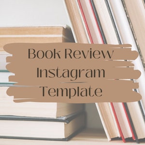 Könnte beinhalten: Ein Stapel Bücher mit einem braunen Pinselstrich darüber, auf dem "Book Review Instagram Template" steht.