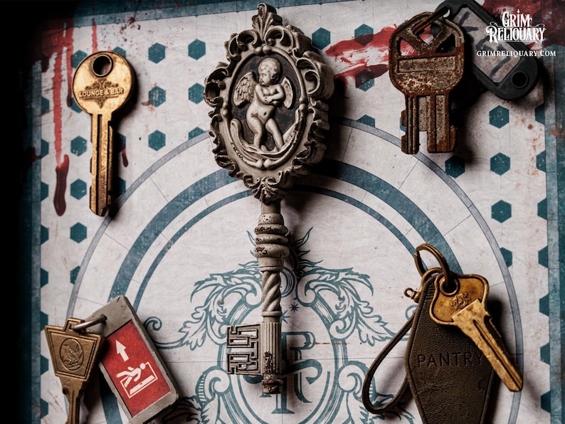 May include: An assortment of antique keys, including a large ornate key with an angel design, and keys labeled "LOUNGE & BAR" and "PANTRY." The background features a patterned design with a touch of red.