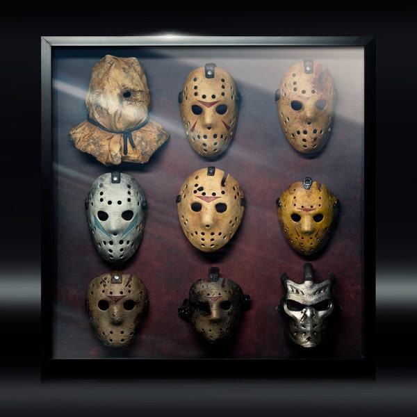 VIERNES 13 Colección de máscaras de Jason Voorhees en marco Shadow Box