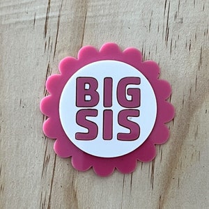 May include: Pink flower-shaped button with a white circle in the centre. The circle has the words "BIG SIS" in pink letters.