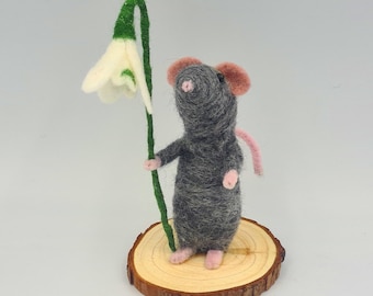 Snowdrop Mouse, needle felted figurine, birthday, mother's day gift, January Birth flower