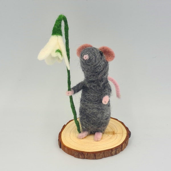 Souris perce-neige, figurine feutrée à l'aiguille, anniversaire, cadeau de fête des mères, fleur de naissance de janvier