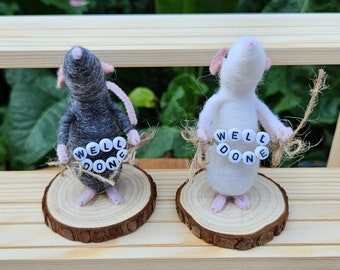 Well Done Mouse, needle felted figurine, bead greeting, choice of grey or white mouse. Say thank you with this unique gift. Handmade for you