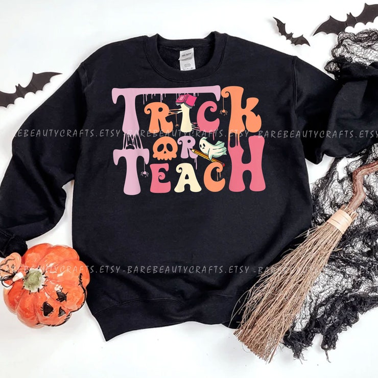 Trick Or Teach Floral Groovy Halloween Teacher Retro Ghost Tshirt, Halloween Teacher, Trick Or Teach Shirt, Kindergarten Teacher