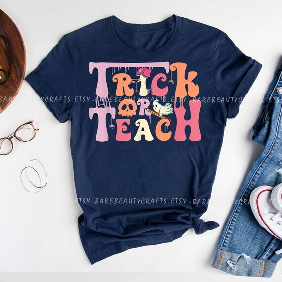 Trick Or Teach Floral Groovy Halloween Teacher Retro Ghost tshirt, Halloween Teacher, Trick Or Teach Shirt, Kindergarten Teacher