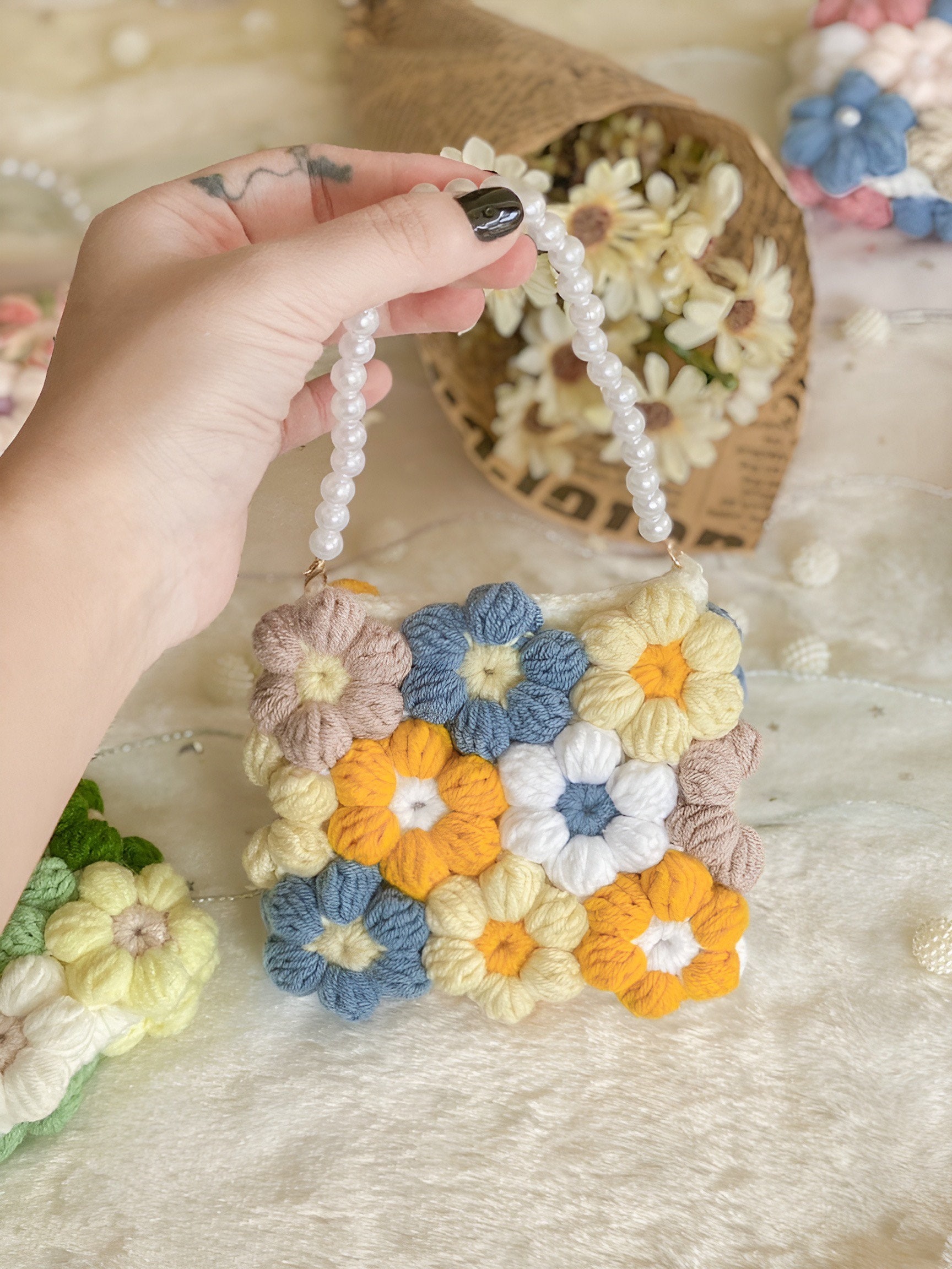 Puff Floral Decor Handabg, Portable Double Rainbow Handle Weaving