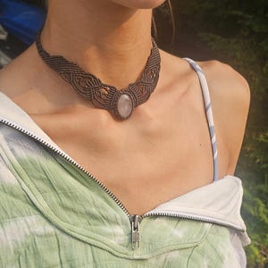 Boho Macrame Choker with Rose Quartz Handmade Statement Necklace