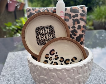 Geschenkset | Leo | Leopard | Deko Schale Schüssel | Kerze | 2x Untersetzer | Servietten | weiß Sand Taupe Leinen