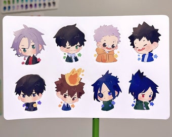 May include: A sheet of eight stickers featuring cartoon characters with different hair colors and styles. The characters are all smiling and have large eyes. The stickers are on a white background.