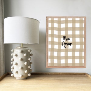 Neutral nursery room print - Mon Amour, My Love - quote words for kids - gingham print - Printable Instant Digital Download