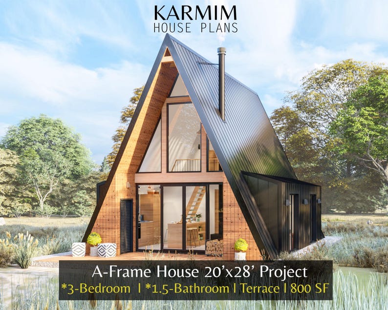 20'x28' A-Frame Loft House Plan : 3Bedroom 1.5Bath I Barn House Modern Lean Cottage Cabin 800SF. (PDF Download) I Slab Foundation Custimize image 1
