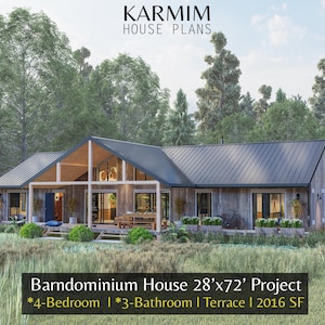 Może przedstawiać: Wizualizacja nowoczesnego domu typu barndominium z ciemnoszarym metalowym dachem i jasną drewnianą elewacją. Dom posiada duże okna, taras i otoczony jest zielenią. Na obrazie widnieje napis "KARMIM HOUSE PLANS" oraz "Barndominium House 8.5m x 22m Project".