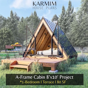 8&#39;x10&#39; A-Frame Cabin House Plan : 1 Bed Modern BarnHouse I Motel Hostel Airbnb Rental 80SF. (PDF Download) I Tiny Architectural Custom DIY