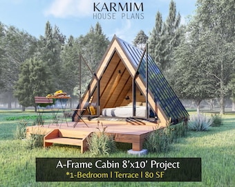 8'x10' A-Frame Cabin House Plan : 1 Bed Modern BarnHouse I Motel Hostel Airbnb Rental 80SF. (PDF Download) I Tiny Architectural Custom DIY