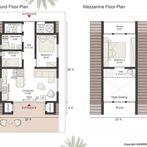 May include: Floor plan diagram of a house with two floors. The ground floor has a living room, kitchen, bathroom, bedroom, and a technical room. The mezzanine floor has a bedroom, a hall, a terrace, and a porch. The house is 28 feet wide and 20 feet long.