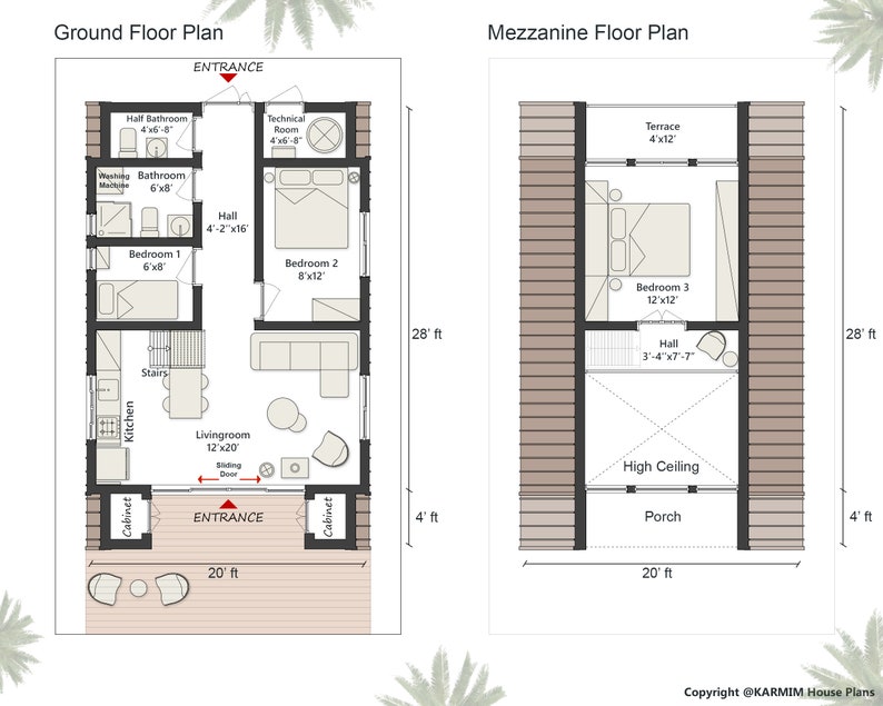 May include: Floor plan diagram of a house with two floors. The ground floor has a living room, kitchen, bathroom, bedroom, and a technical room. The mezzanine floor has a bedroom, a hall, a terrace, and a porch. The house is 28 feet wide and 20 feet long.