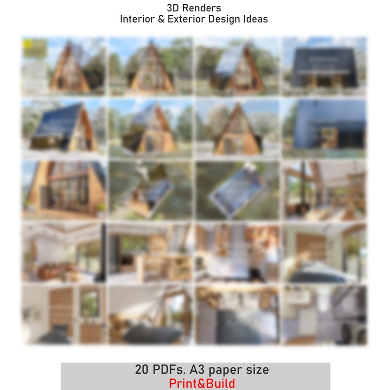 May include: A collage of 20 images showcasing 3D renders of a modern A-frame house. The images depict both interior and exterior views of the house, highlighting various design elements and features. The text "3D Renders Interior & Exterior Design Ideas" and "20 PDFs. A3 paper size Print&Build" are visible at the top and bottom of the collage, respectively.
