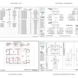 May include: A set of technical drawings for a house plan. The drawings include a material list, electrical plans, and door and window details. The drawings are in black and white and are labeled with the page number and scale.