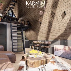 May include: A modern, minimalist living room with a wooden A-frame ceiling. The room features a brown leather sectional sofa, a wooden coffee table, a black metal ladder leading to a loft, and a flat-screen TV mounted on the wall. The room is decorated with a few plants and a dreamcatcher hanging from the ceiling.