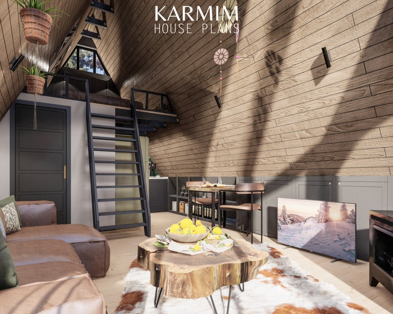 May include: A modern, minimalist living room with a wooden A-frame ceiling. The room features a brown leather sectional sofa, a wooden coffee table, a black metal ladder leading to a loft, and a flat-screen TV mounted on the wall. The room is decorated with a few plants and a dreamcatcher hanging from the ceiling.
