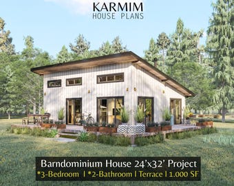 24'x32' Cabin Loft House Plan : 3Bed 2Bath I BarnHouse Family Floor  1000SF (PDF Download) I Cottage Tiny FarmHouse Built Blueprints Wooden