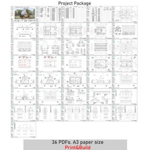 May include: A set of 36 PDF blueprints for building a cabin. The blueprints are labeled "Project Package" and are designed for A3 paper size. The text "Print & Build" is also included on the image.