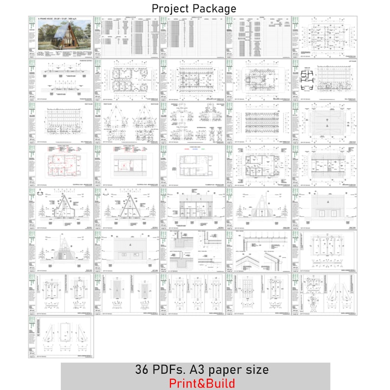May include: A set of 36 PDF blueprints for building a cabin. The blueprints are labeled "Project Package" and are designed for A3 paper size. The text "Print & Build" is also included on the image.