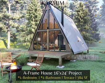 16'x24' Tiny A-Frame Loft Cabin DIY Plans: 1 Bed 1 Bath Modern Architectural Built Blueprint (PDF Download) I Custom Design I Lean Cottage