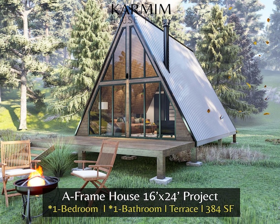16'x24' Tiny A-Frame Loft Cabin DIY Plans: 1 Bed 1 Bath Modern Architectural Built Blueprint (PDF Download) I Custom Design I Lean Cottage