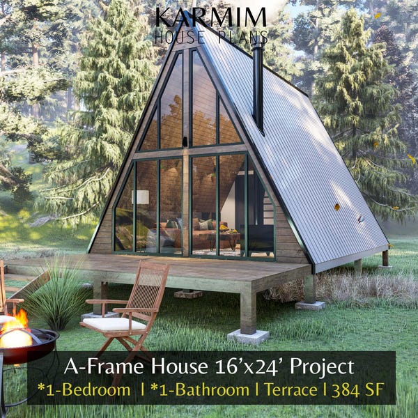 Plans de bricolage de petite cabine loft à cadre en A de 16 pi x 24 pi : 1 lit 1 salle de bain Plan architectural moderne construit (téléchargement PDF) I Conception personnalisée I Cottage épuré