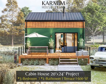 20'x24' Cottage Loft Floor Plan : 3Bed 1Bath I Cabin Holiday Barndominium Project 600SF. (PDF Download) I Architectural Lean Custimize