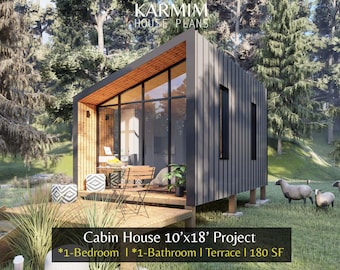 10'x18' Modern Cabin House Plans: 1Bed 1Bath Barn House 180SF (PDF Download) I Barndominium Wood Work I Floor Plan Custom Design I Blueprint