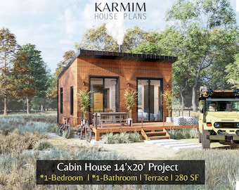 Planos de casa de cabaña de 14'x20': Casa de granero de 1 dormitorio y 1 baño de 280 pies cuadrados, Airbnb en Garden Hub Village (descarga en PDF) con terraza con chimenea y planos.