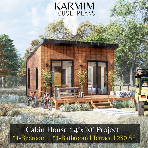14'x20' Cabin House Plans: 1Bed 1Bath BarnHouse 280SF I Garden Hub Village Airbnb (PDF Download) with Fireplace Terrace I Blueprints SET