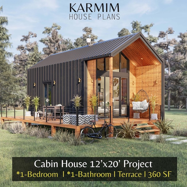 Planos de cabañas de 3,6 m x 6 m: Casa de granero inclinada de 1 dormitorio y 1 baño con loft, 33 m² (Descarga en PDF) | Casas de granero personalizadas | Planos de cobertizos de montaña con jardín