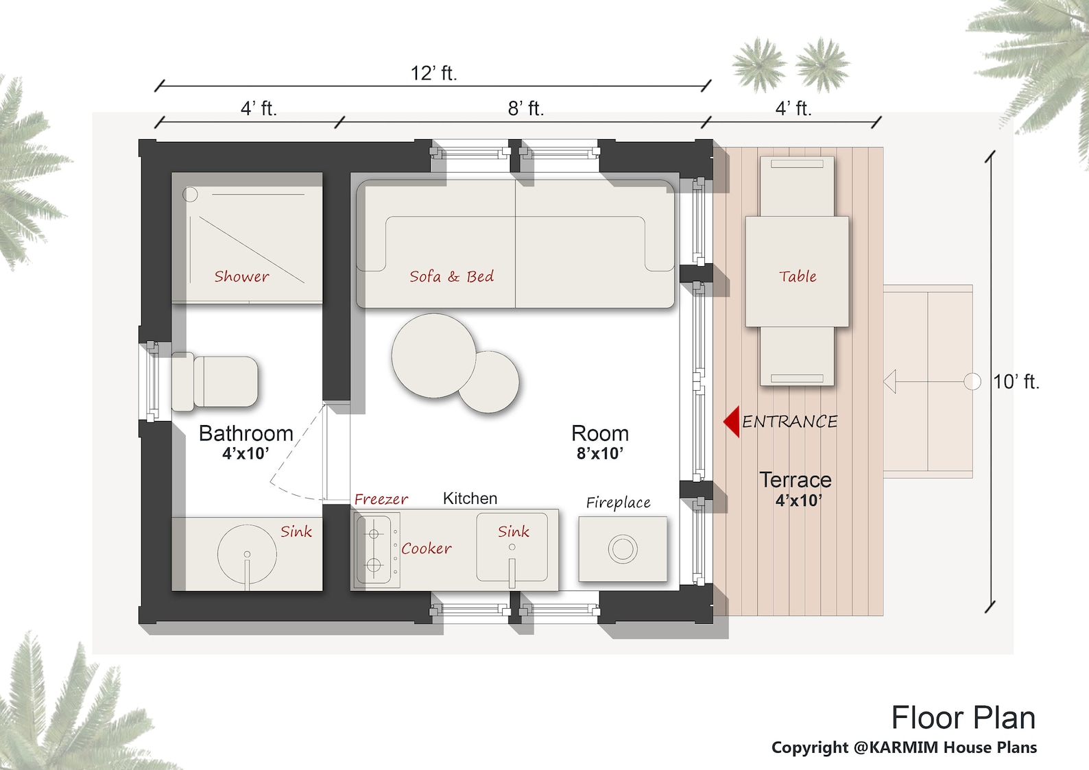 Plano de casa pequeña clásica estilo cabaña de 3 x 3,6 metros: 1 ...