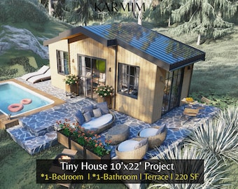 Plan de petite maison moderne de 10 pi x 22 pi : 1 chambre et 1 salle de bain I maison de vacances de style chalet (téléchargement du plan PDF) I village de ferme I Design personnalisé avec plafond haut